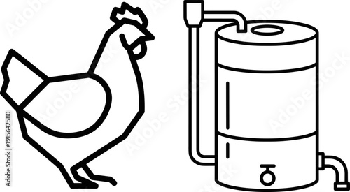 Cartoon chicken geometric body shapes, cylindrical tank piping valve, agriculture poultry farming equipment, black and white illustration set, educational artwork