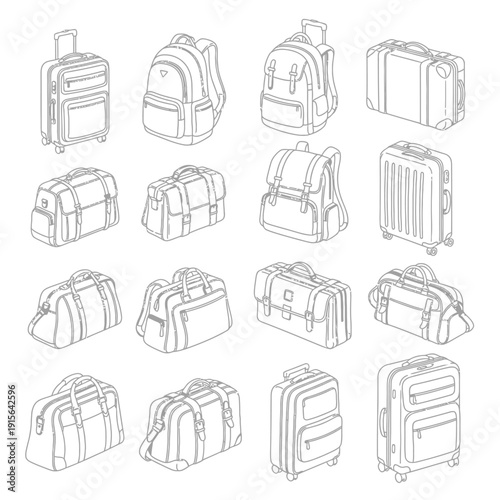 Collection of various travel bags and luggage illustrated in a simple black and white style, showcasing different designs and features for travelers.