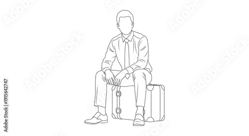 A black and white line drawing depicts a man seated on a vintage suitcase wearing a collared shirt and trousers in a relaxed