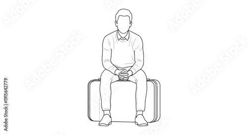 A black and white line drawing depicts a man seated on a square stool wearing a sweater and collared shirt with his hands