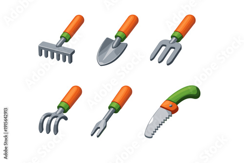 Collection of cartoon-style gardening tools including trowel, rake, fork, and saw