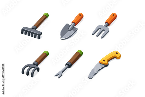 Collection of six isometric gardening tools on a white background