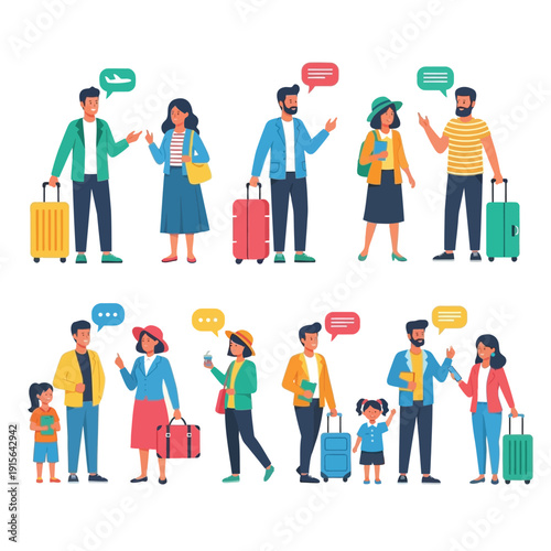 Diverse groups of people with luggage and speech bubbles, engaged in conversations and travel preparations, showcasing various travel scenarios and interactions between individuals.