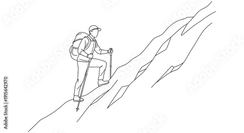A black and white line drawing depicts a hiker ascending a steep rocky mountain slope using trekking poles for stability and balance
