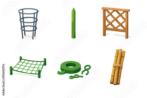 Collection of garden support structures and accessories for plant cultivation