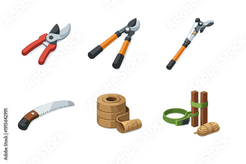 Collection of gardening tools and supplies for plant care and maintenance