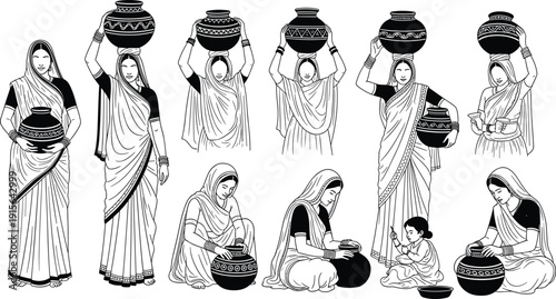 Black and white vector line art set of Indian women in traditional sarees carrying clay water pots for cultural branding rural village life and heritage design