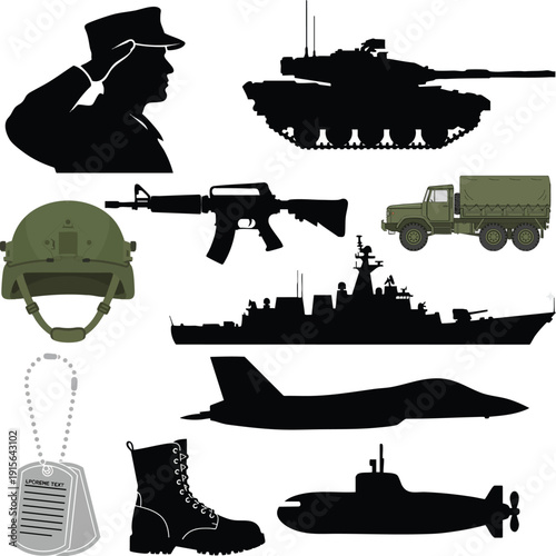 Military Silhouettes and Equipment Icon Set: Soldier Saluting, Tank, Fighter Jet, Warship, Submarine, Dog Tags, and Combat Gear Vectors