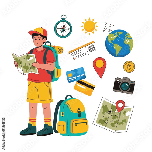 Young traveler with backpack and map planning trip around the world with travel essentials and accessories.