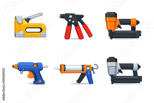 Collection of six different types of hand tools for construction and repair work
