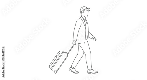 A black and white line drawing depicts a man in a suit and hat walking forward while pulling a wheeled suitcase