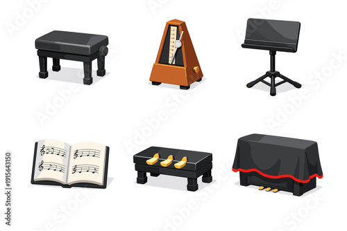 Collection of musical instruments and accessories for piano practice and performance