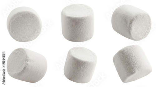 Collection of soft white marshmallows floating in air with various angles and rotations