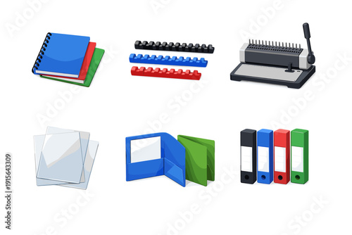 Office supplies for document organization and binding, including notebooks, binders, and folders