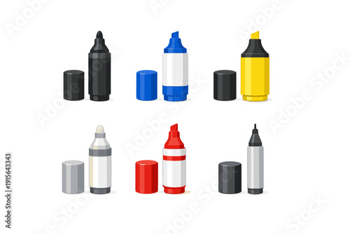 Collection of colorful marker pens with caps removed, isolated on white background