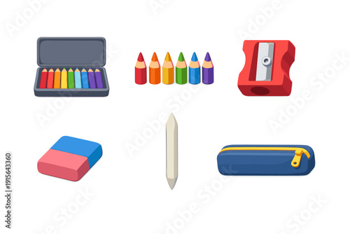 Collection of colorful art supplies for drawing and writing, isolated on white background