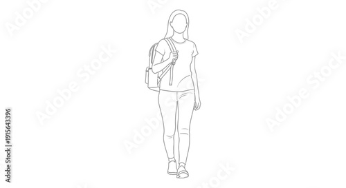 A monochrome line drawing depicts a young woman with a backpack casually walking and wearing a t shirt and pants in a simple style