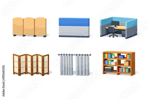 Collection of office furniture and room dividers, isolated on white background