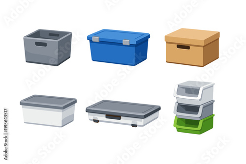 Collection of various storage containers and boxes for organization and tidiness