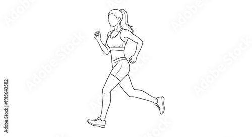 A black and white line drawing depicts a female athlete in sportswear captured mid stride during a running motion showcasing dynamic movement