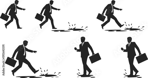 Black vector silhouette set of a businessman in a suit carrying a briefcase while walking and stepping over water puddles for corporate professional branding
