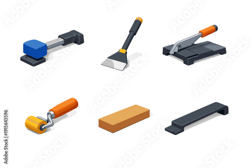 Collection of isometric construction and DIY tools on a white background