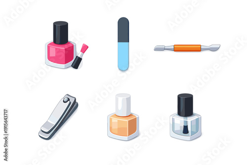 Collection of manicure and pedicure tools and cosmetics on a white background