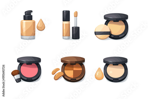 Collection of cartoon makeup products including foundation, concealer, blush, and powder