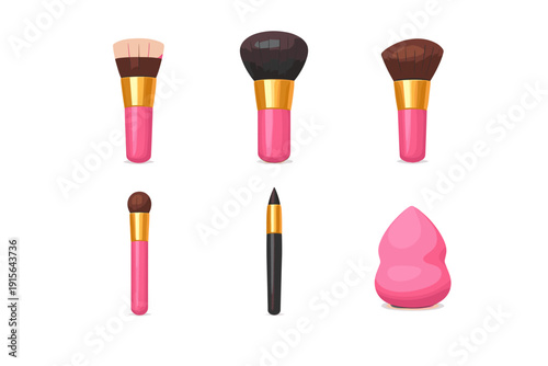 Collection of cartoon makeup brushes and beauty blender on a white background