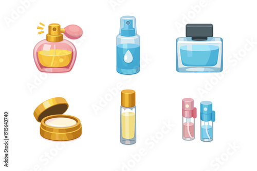 Collection of various perfume bottles and cosmetic containers with colorful liquids