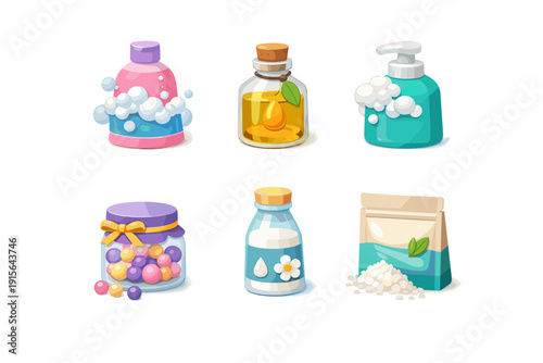 Collection of cartoon cosmetic and hygiene products with soap bubbles and natural ingredients