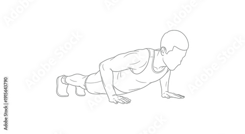 A black and white line drawing depicts a person performing a push up exercise showcasing proper form and body positioning during the workout