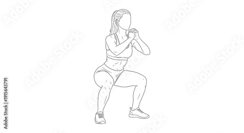 A black and white line drawing depicts a woman performing a squat exercise demonstrating proper form and fitness routine