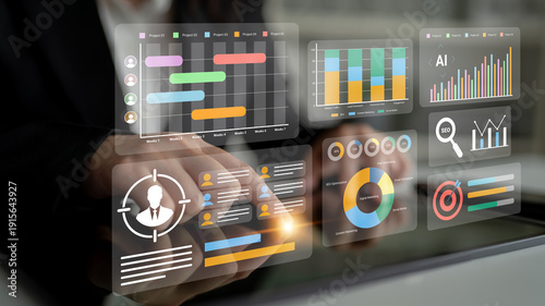 Bilde på lerret A business professional engages with a modern digital dashboard displaying various analytics and performance metrics to enhance decision-making and strategic planning