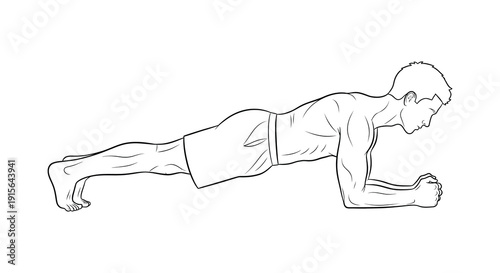 A black and white line drawing depicts a muscular man performing a plank exercise focusing on core strength and fitness