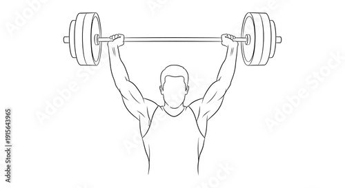 A monochrome line drawing depicts a muscular man lifting a barbell overhead showcasing a strength training exercise high quality
