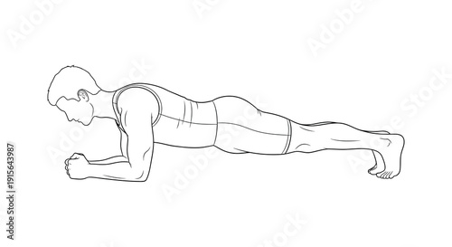 A black and white line drawing depicts a man performing a plank exercise showcasing proper form and core engagement for fitness