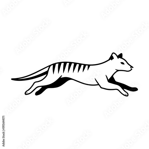 A minimalist digital illustration of the Thylacine, or Tasmanian tiger, captured mid-jump. Elegant lines, muted earthy colour, and subtle stripes highlight the sleek, dynamic movement of this extinct 