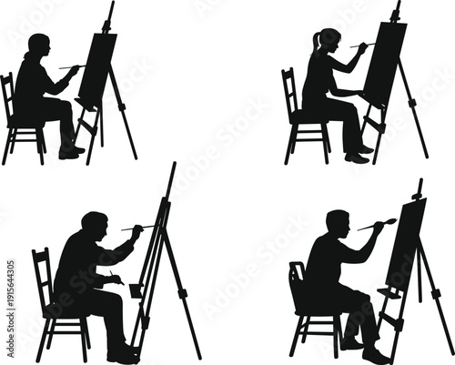 Black vector silhouette set of diverse artists sitting on chairs and painting on easels for art studio creative education workshop and hobby branding design