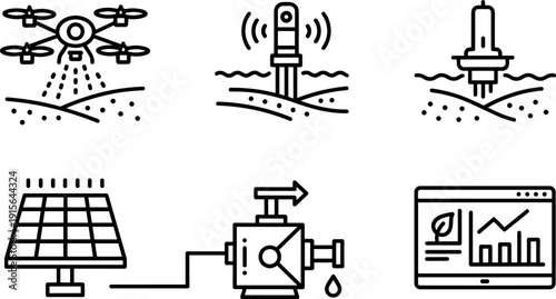 Drone spraying precision agriculture, soil sensor monitoring analysis, solar panel renewable energy farming, water pump irrigation system, computer data analytics farm management illustration set
