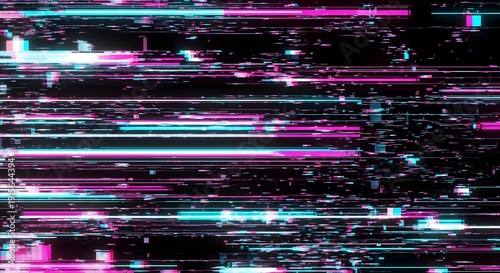 Digital Glitch Effect Abstract Background with Neon Lines.