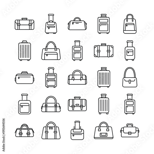 Collection of various travel bags and luggage icons in outline style for transportation and travel accessories
