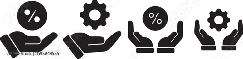 Hands holding percentage and gear icons for business and settings