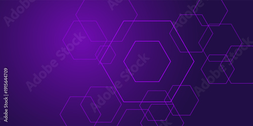 Hexagon geometric purple color neon light pattern science dark background. Abstract graphic design technology and biology concept.
