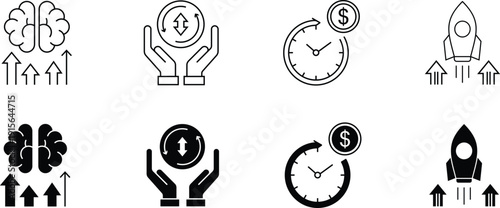 Startup Innovation and Investment Growth Line Icon Set with Rocket and Brain Symbols