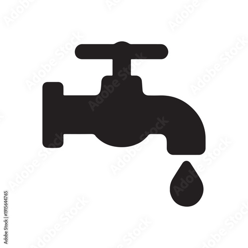 A black silhouette of a dripping faucet with a single drop falling