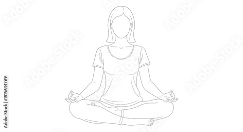 A black and white line drawing depicts a woman in a seated lotus yoga pose demonstrating meditation with hands in a meditative mudra