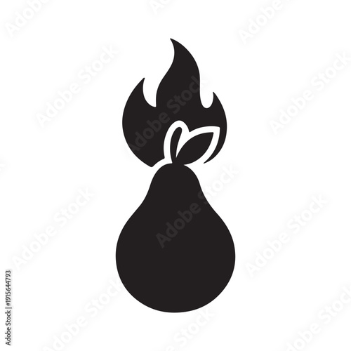 A black silhouette of a pear on fire with flames rising from the top