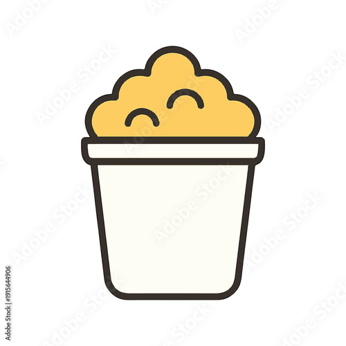 A cartoon illustration of a smiling bucket filled with yellow popcorn