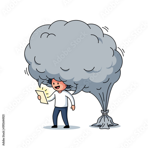 Person reading a phone while containing a large gray mental fog cloud